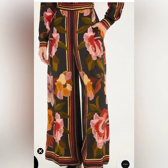 Farm Rio Black Chenille Flowers Viscose Pants. XL.